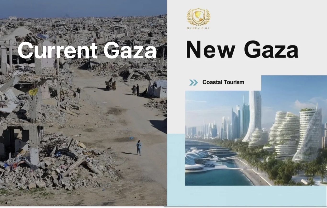 The reality: Khan Younis in southern Gaza on January 11, 2026. The fantasy of Trump, Kushner, and other billionaires: Gaza at some time in the future.