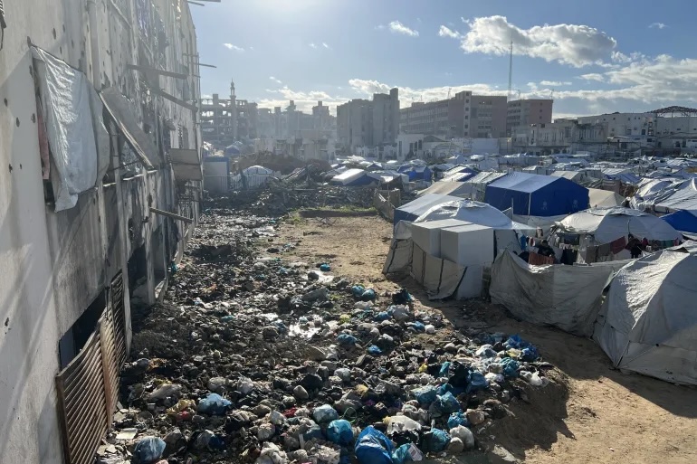 A rubbish dump near the makeshift tents of displaced Palestinians in Gaza City