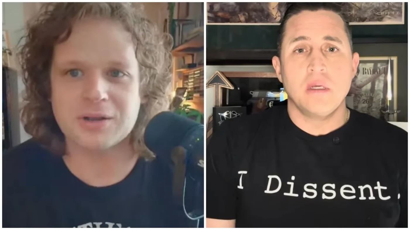 Former US Army Ranger Greg Stoker, left, seen on his MintPress podcast; and retired US Green Beret Anthony Aguilar, right, seen on his Instagram account (Screengrabs)