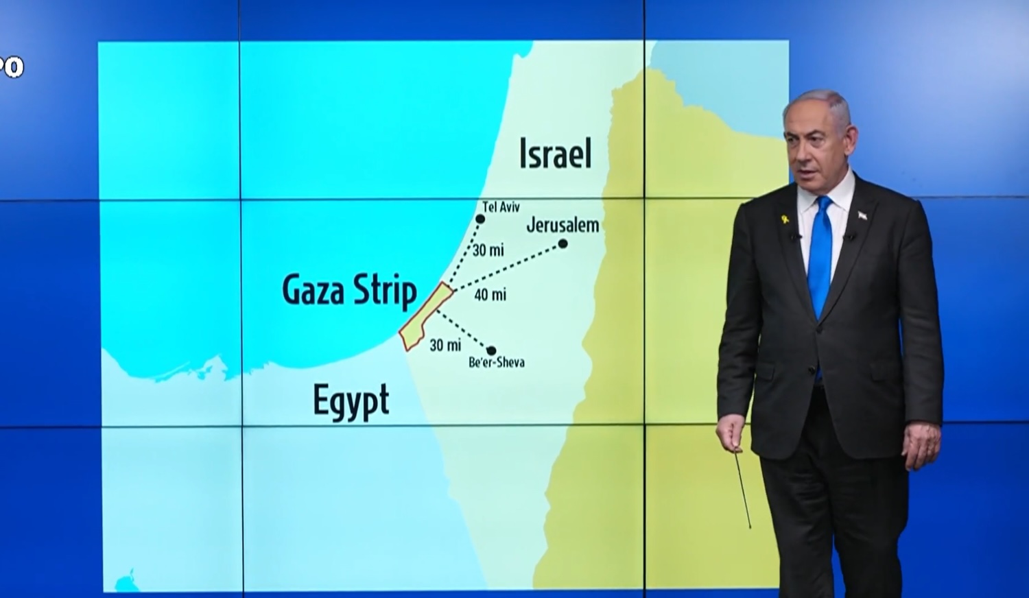 Israeli Prime Minister Benjamin Netanyahu stands before a map, as seen in a screenshot taken from a video posted on X by Office of the Prime Minister of Israel. The map does not show the West Bank or use the word "Palestine."