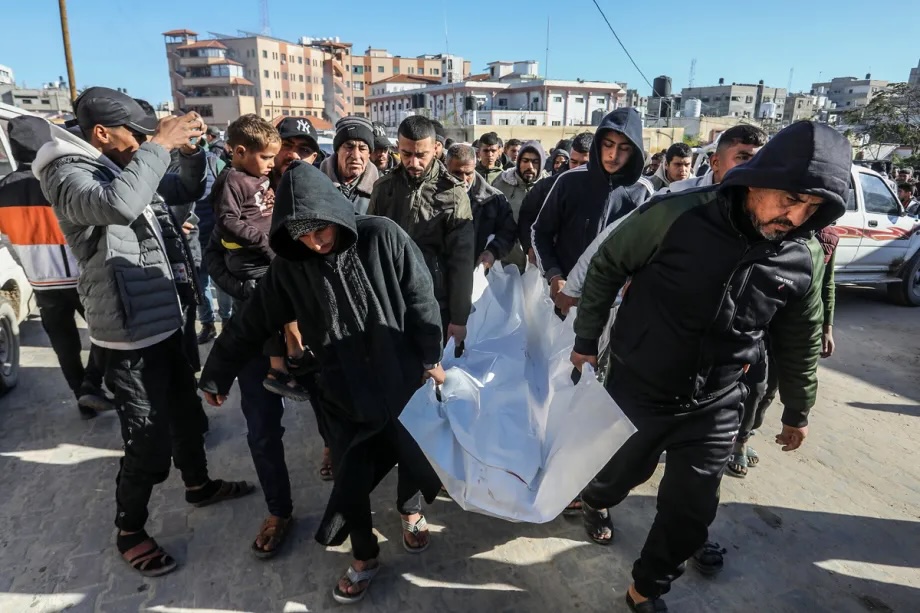 Body of a Palestinian fisherman are brought to Nasser Hospital in Khan Younis, in the southern Gaza Strip, after an Israeli army attack targeted a small fishing boat off the coast on January 4, 2026.