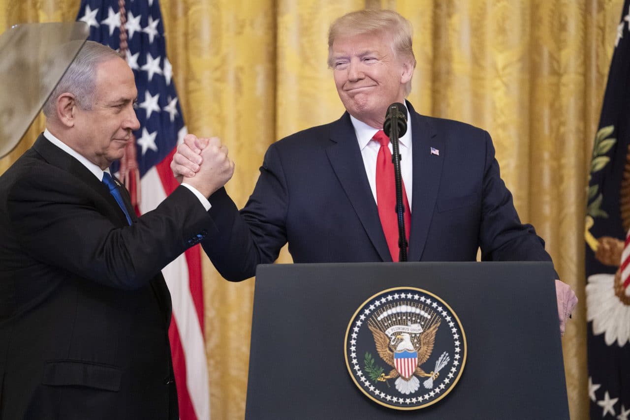U.S. President Donald Trump delivers remarks with Israeli Prime Minister Benjamin Netanyahu, January 28, 2020, in the East Room of the White House to unveil details of the Trump administration’s Middle East Peace Plan.