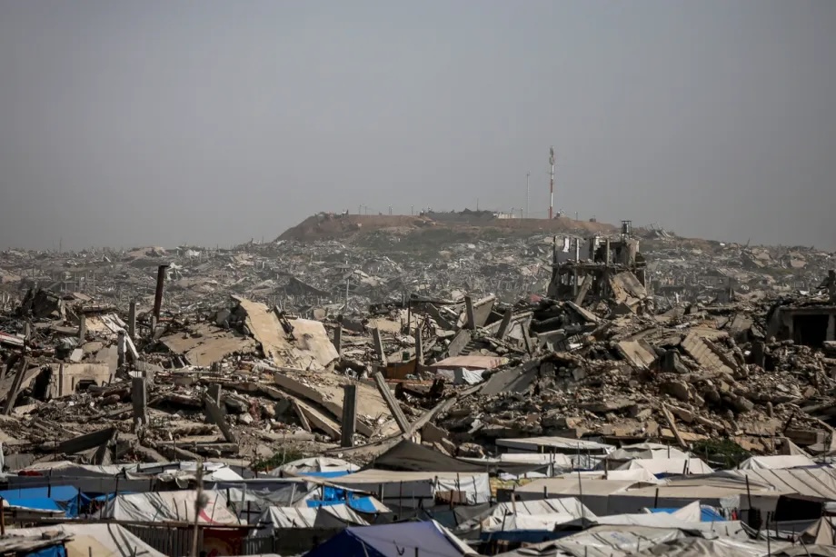 A view of makeshift tents amid the rubble left behind by Israeli attacks as Palestinians carry on with their daily lives under harsh conditions in Gaza Strip on February 16, 2026.