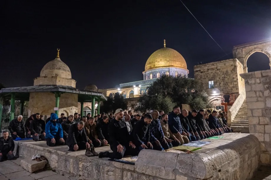 Muslims perform the first Taraweeh prayer of Ramadan in the courtyard of the Haram al-Sharif at Al-Aqsa Mosque in the Old City of Jerusalem on February 17, 2026.
