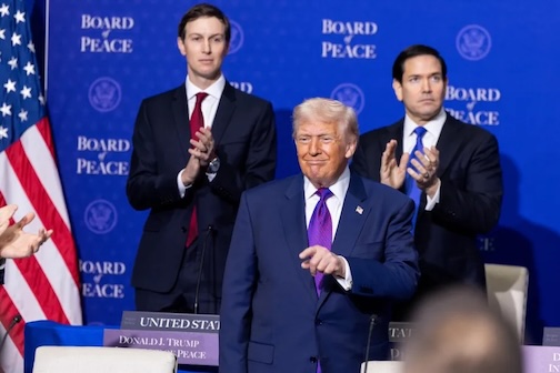 US President Donald Trump attends the inaugural meeting of the “Board of Peace”, his new institution focused on progress on Gaza, at the US Institute of Peace in Washington, DC, United States on February 19, 2026.