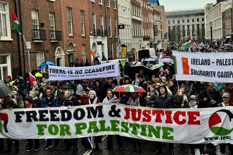 Thousands gather to demand an immediate ceasefire in Gaza and express solidarity with Palestinians in Dublin, Ireland on February 21, 2026.
