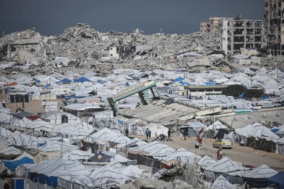 Displaced Palestinians, living among the rubble in makeshift tents set up in the Almuqawsi area, struggle for survival during harsh winter conditions in Gaza City, Gaza on February 1, 2026.