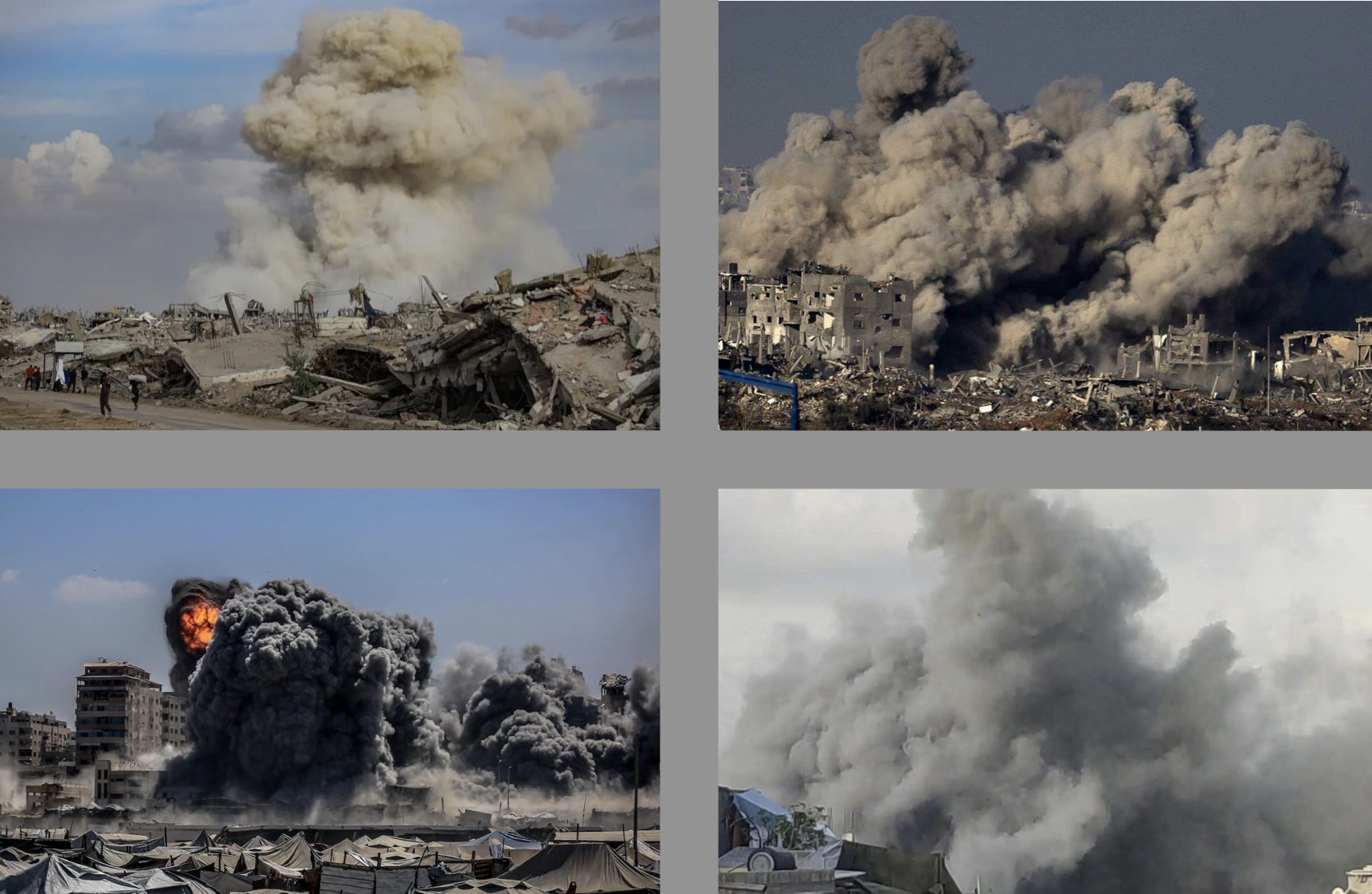 Top L to bottom R: Shujaiyya neighborhood, Gaza City, on December 9, 2025; northern Gaza Strip on November 15, 2023; Gaza City on September 10, 2025; Beit Lahiya, Gaza on December 25, 2024