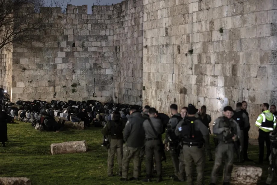 Muslim worshippers gather around the area of Al-Aqsa Mosque and different locations in the Old City of Jerusalem to mark Laylat al-Qadr after Israeli authorities prevented their entry into the compound in East Jerusalem on March 15, 2026.
