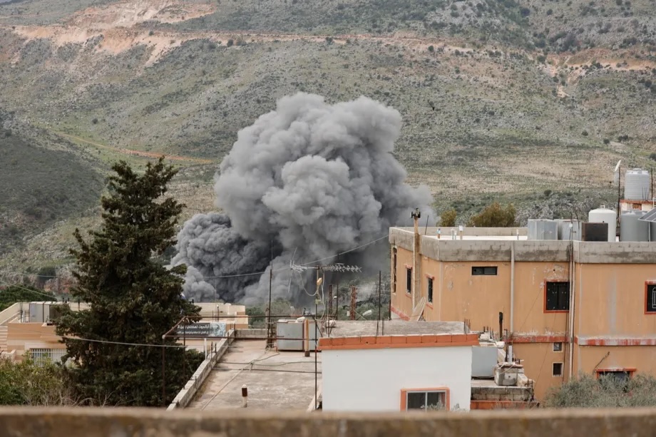 Smoke rises after an Israeli airstrike targets the Dellafe Bridge, in Hasbaya, Lebanon on March 23, 2026.
