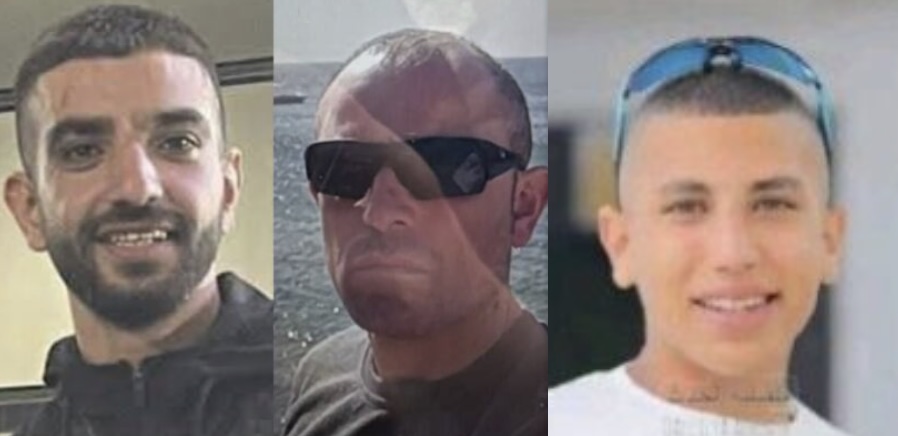 (left to right) Mustafa Asaad Mustafa Hamad, 22, Sufian Ahmad Saleh Abu Leil, 46, Adham Sayyed Saleh Dahman, 15, killed by Israeli forces on March 27, 2026