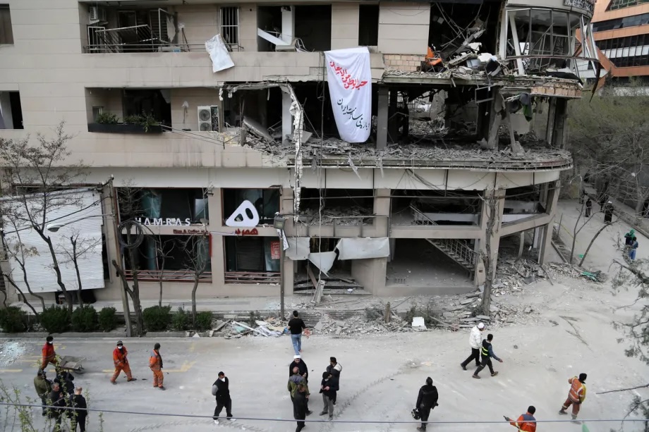 Search and rescue teams affiliated with the municipality conduct operations in the area after Al Araby television building is struck in the attack carried out by the US and Israel against Iran in Tehran on March 29, 2026.