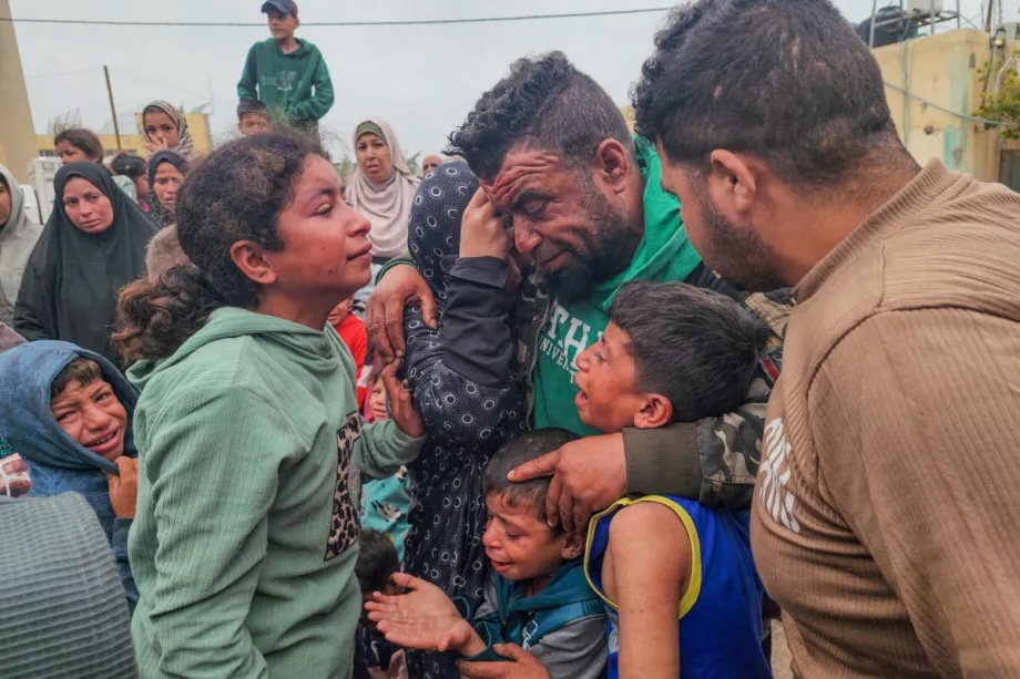 Relatives of 17-year-old Palestinian Muqbil Barbah, killed by Israeli forces, mourn in Khan Younis, Palestine on March 29, 2026. 

