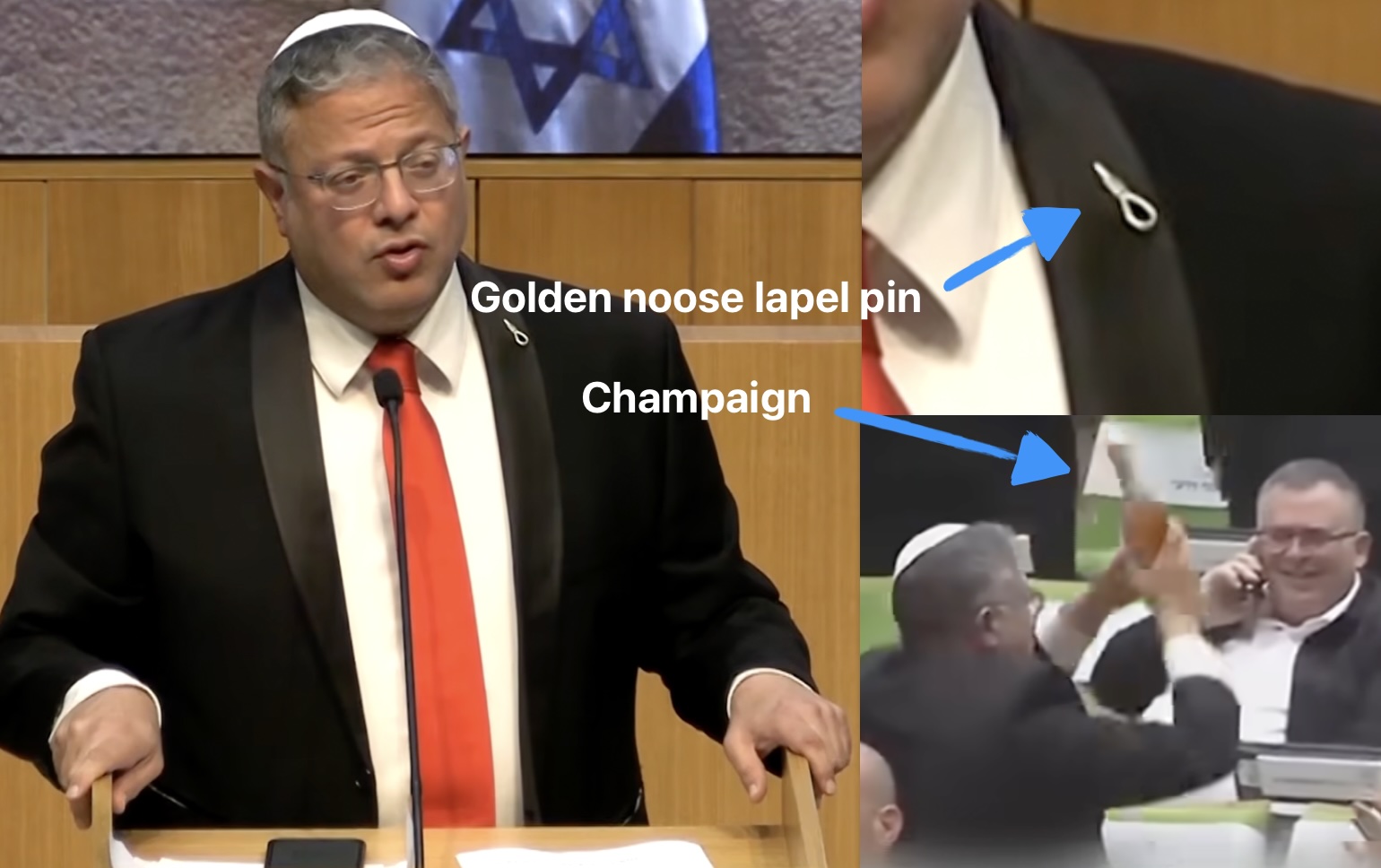 Israel's parliament on Monday passed a law, championed by Itamar Ben-Gvir, making the death penalty the default sentence for Palestinians convicted of deadly attacks. He celebrated its passage with champagne. Far right lawmakers have been wearing "golden noose" lapel pins for months in support of the bill.