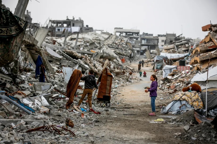 Displaced Palestinians in the Jabalia al-Nazla area in northern Gaza are trying to survive in makeshift tents set up among the rubble of destroyed homes on February 09, 2026.