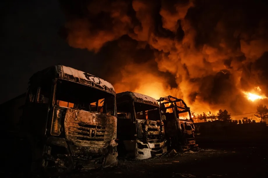 Fire breaks out at the Shahran oil depot after US and Israeli attacks, leaving numerous fuel tankers and vehicles in the area unusable in Tehran, Iran on March 8, 2026.