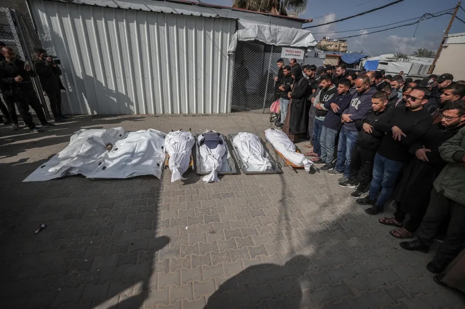 A funeral is held in Deir al-Balah, Palestine, for those who lost their lives, including Al-Aqsa TV employee Mohammed Sayyid, following an airstrike in the Bureij refugee camp, on April 11, 2026. 