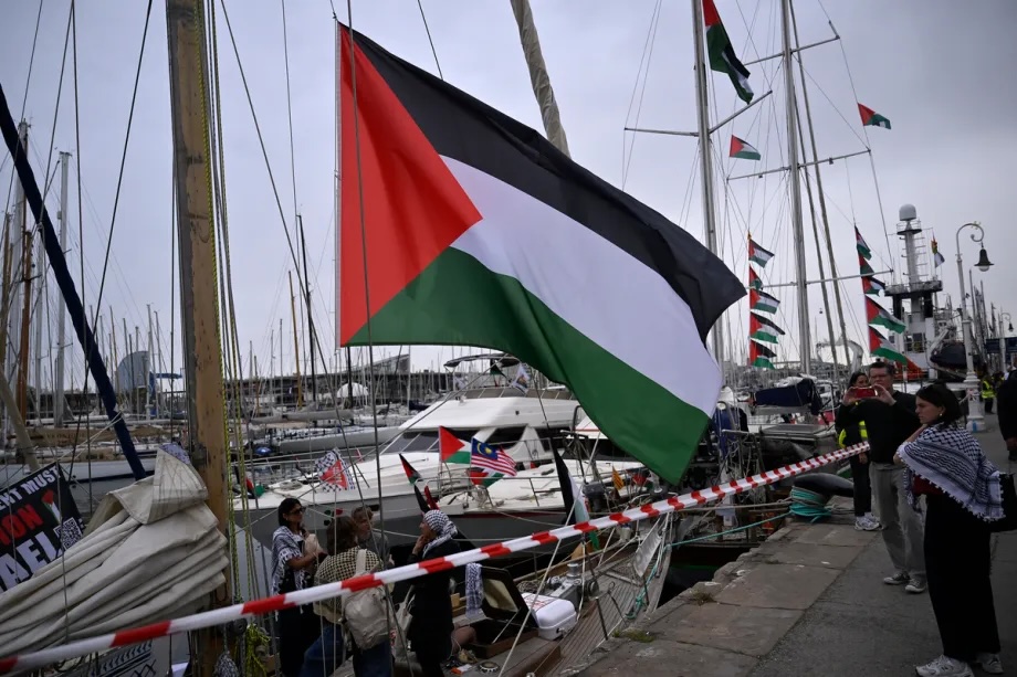A view of a Palestinian flag as the Global Sumud Flotilla, departs once again after one year, to deliver humanitarian aid, and raise global awareness about Gaza, in Barcelona, Spain, on April 11, 2026.