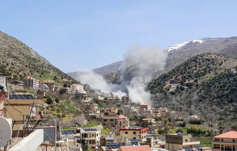 Smoke rises from targeted areas in the town of Shebaa in Lebanon’s Nabatieh province following an airstrike, on April 14, 2026.