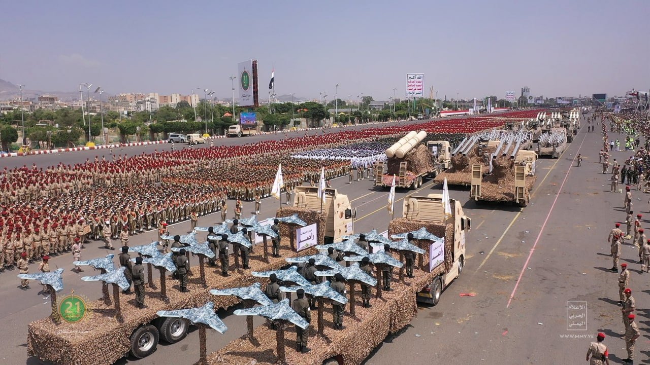 A massive military parade in Sanaa, Yemen, showcasing the military capabilities of the Houthi movement (Ansar Allah)