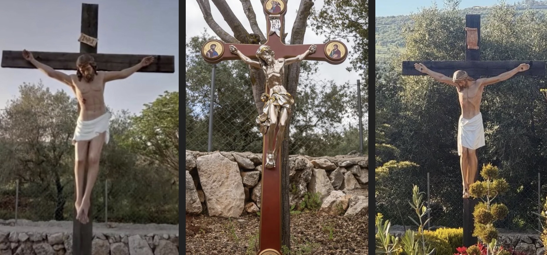 (L) The original statue of Jesus in the Lebanese town of Debel; (C) Replacement offered by Israel, rejected by the Christian community in Debel; (R) New statue provided with assistance from Italian troops serving with the United Nations Interim Force in Lebanon, or UNIFIL