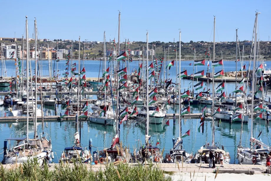 Boats of the “Global Sumud Flotilla 2026 Spring Mission,” aimed at breaking Israel’s blockade on Gaza and delivering humanitarian aid, depart from the marina in Augusta on the island of Sicily, Italy, on April 26, 2026.