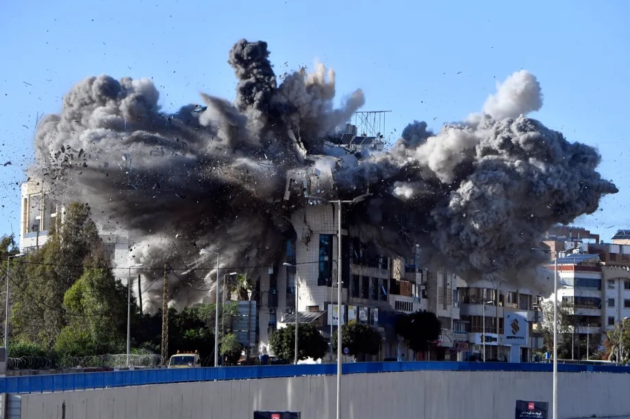 An explosion caused by an Israeli bombing rips through the upper floor of a building in the Dahieh area in the south of Beirut, Lebanon on March 31, 2026.