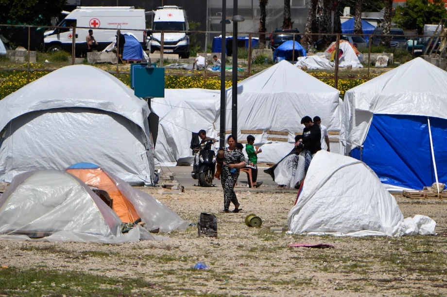 Displaced Lebanese staying in tents are seen in the Raouche area in Beirut, Lebanon on April 13, 2026.