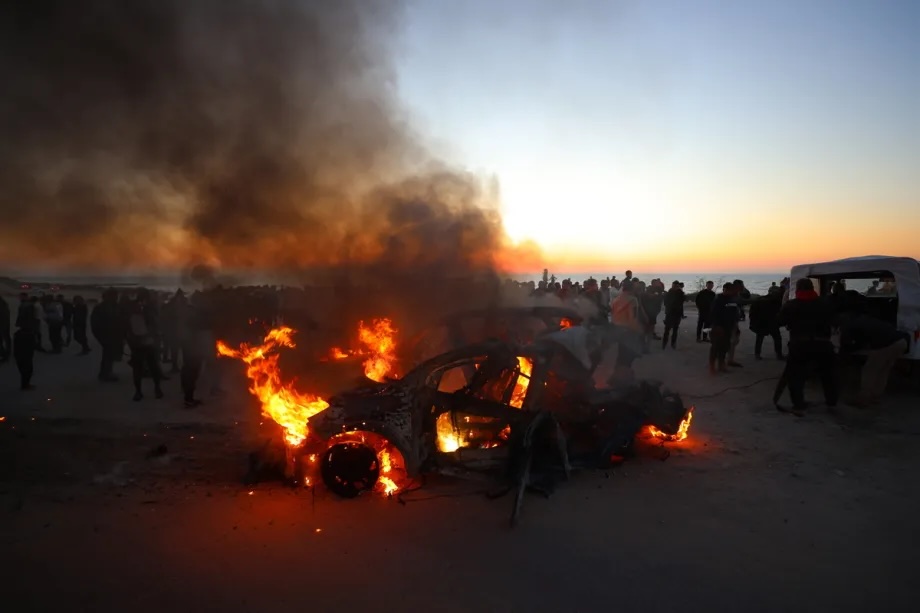 A vehicle burns after being hit in an Israeli strike at the Nabulsi junction in Gaza City, northern Gaza Strip on April 8, 2026. Al Jazeera Mubasher correspondent Mohammed Washah was killed in the attack.