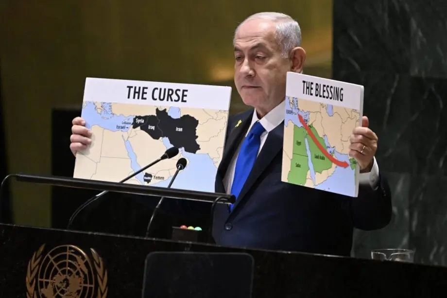 Israeli Prime Minister Benjamin Netanyahu displays map during United Nations 79th General Assembly (UNGA) speech showing West Bank, Gaza as ‘Israel’ on September 27, 2024 in New York, United States