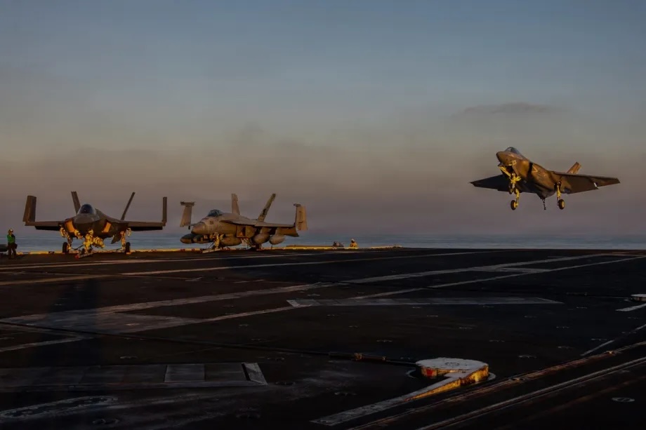 U.S. Navy warplane takes off from the aircraft carrier USS Abraham Lincoln during Operation Epic Fury targeting Iran in the Gulf of Oman, on March 01, 2026.