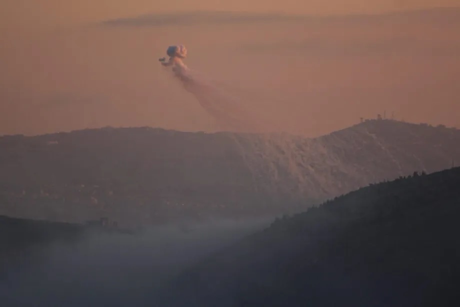 Smoke rises following Israeli airstrikes on areas between East and West Zawtar in Nabatieh and on the town of Yohmor al-Shaqif, Lebanon, on May 06, 2026. This smoke may indicate white phosphorus