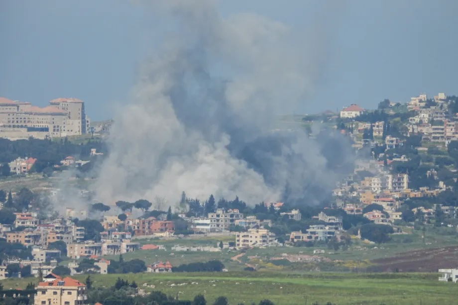 Smoke rises from the town of Kafr Jouz in Nabatieh province as Israeli forces target the area, violating the ceasefire in southern Lebanon on May 2, 2026.