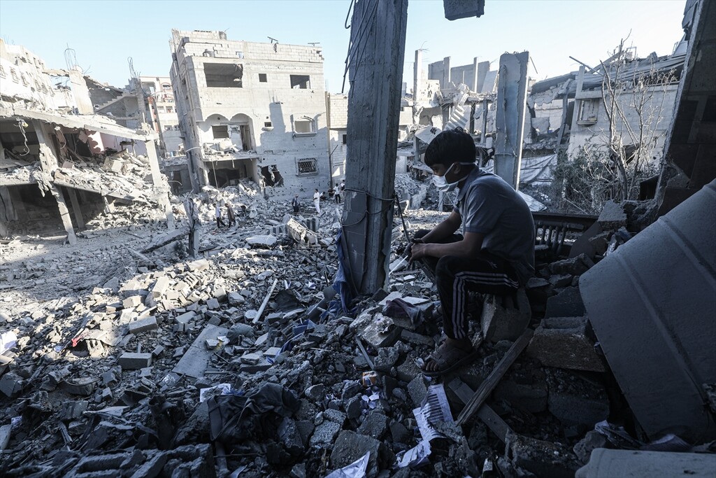 A view of the destruction following Israeli attacks on Al-Maghazi Refugee Camp after the Israeli army issued an evacuation warning in Gaza City, Gaza, Palestine