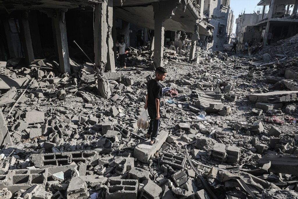 A view of the destruction following Israeli attacks on Al-Maghazi Refugee Camp after the Israeli army issued an evacuation warning in Gaza City, Gaza, Palestine