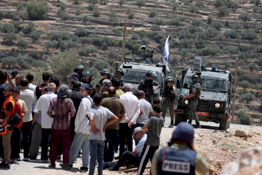 Palestinians gather to protest new Israeli settlement activities in the village of Deir Abu Mashal, west of Ramallah, West Bank, Palestine on June 19, 2026.