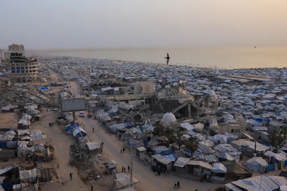 Displaced Palestinians living in makeshift tents after their homes were destroyed in Israeli attacks continue to struggle under harsh conditions amid rising temperatures in Gaza City, Gaza, Palestine on May 17, 2026.