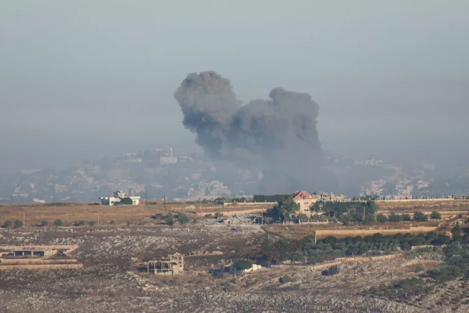 Smoke rises from the town of Shweikin and the Ali al-Tahir hill area in the Nabatieh Governorate of southern Lebanon following Israeli airstrikes on June 20, 2026.