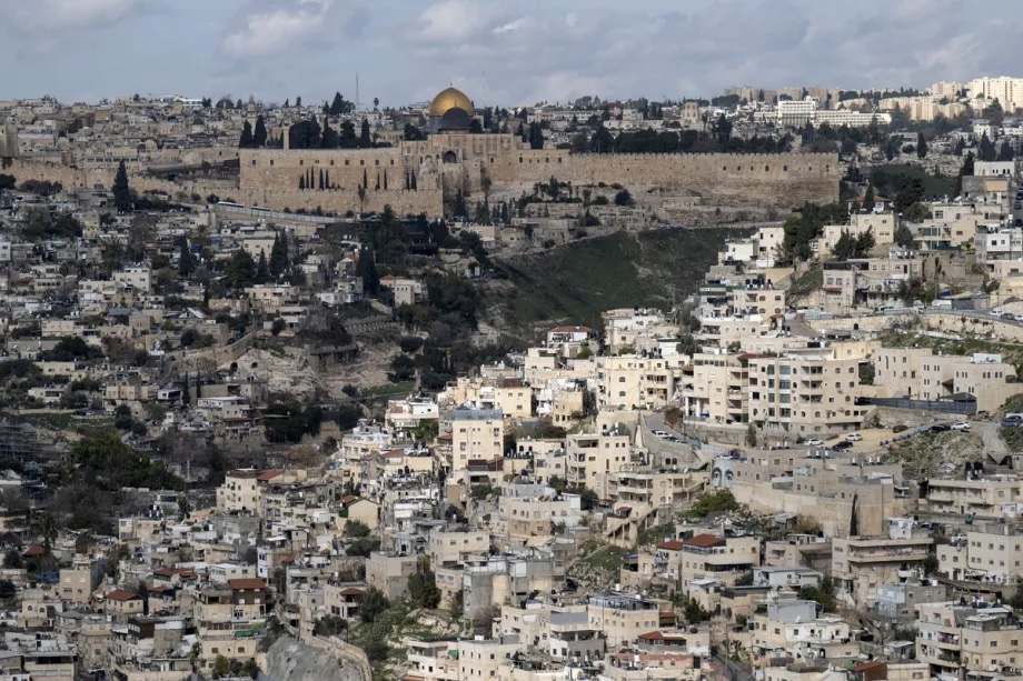 An aerial view of the Silwan neighborhood, located south of Al-Aqsa Mosque, where Palestinians are dealing with constant Israeli home demolitions and eviction orders in East Jerusalem on December 31, 2025.