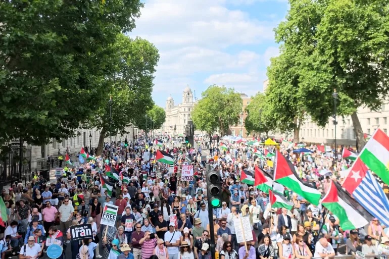 Thousands participate in a London march in support of Palestinian rights on Saturday, July 18, 2026