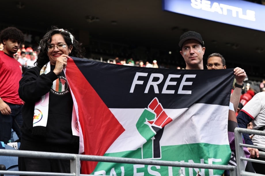 Fans open a Palestinian flag prior the 2026 FIFA World Cup First Stage Group G match between Egypt and IR Iran at Lumen Field (Seattle Stadium) in Seattle, Washington, United States on June 26, 2026.