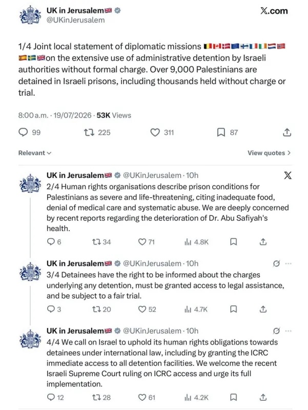 Four-part thread on X that was published by the UK consulate in Israel, carrying a joint statement from 14 diplomatic missions, including the UK, Canada, the European Union and several European countries.

