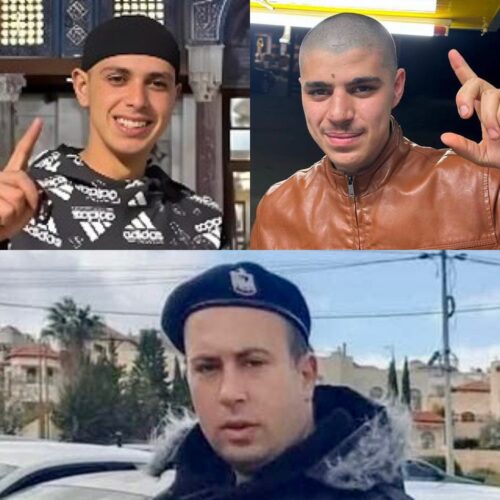 (Top left) Mahmoud Hussein Hamdan Abu Samra, 20, (top right) Mohammad Samer Mohammad Mleitat, 16, and (bottom) Yazan Fakhri Sawafta, 25, all killed on July 23, 2026 by Israeli forces, West Bank