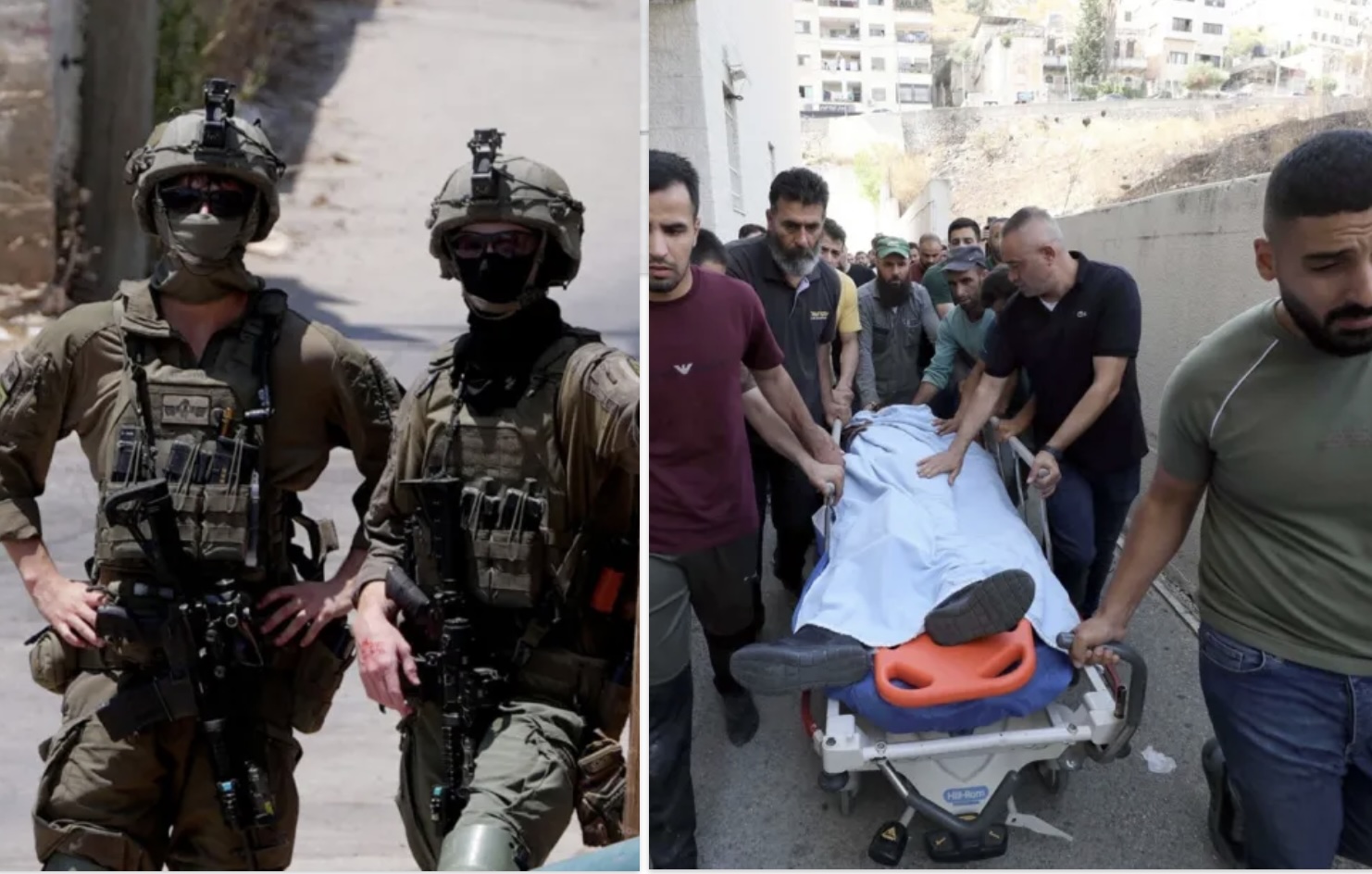 (Left) Israeli forces raid the town of Tell following the killing of Palestinians by Israelis, in Nablus, West Bank, Palestine; (right) Mourners gather around the body of one of the Palestinian victims, on July 24, 2026 in Nablus, Palestine.
