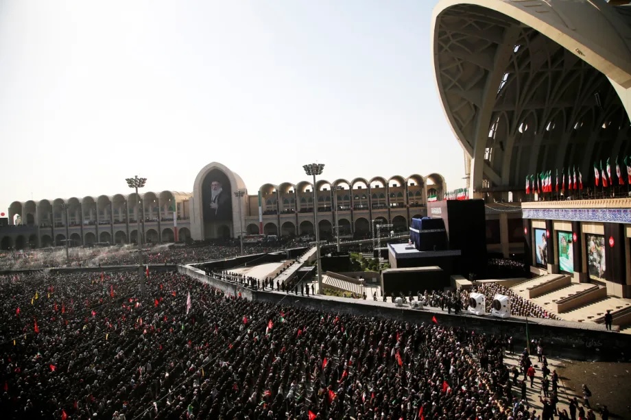 Hundreds of thousands of Iranians gather for the funeral prayer for former Iranian Supreme Leader Ali Khamenei and his family members, killed in U.S.-Israeli attacks, Tehran, Iran, on July 5, 2026. 

