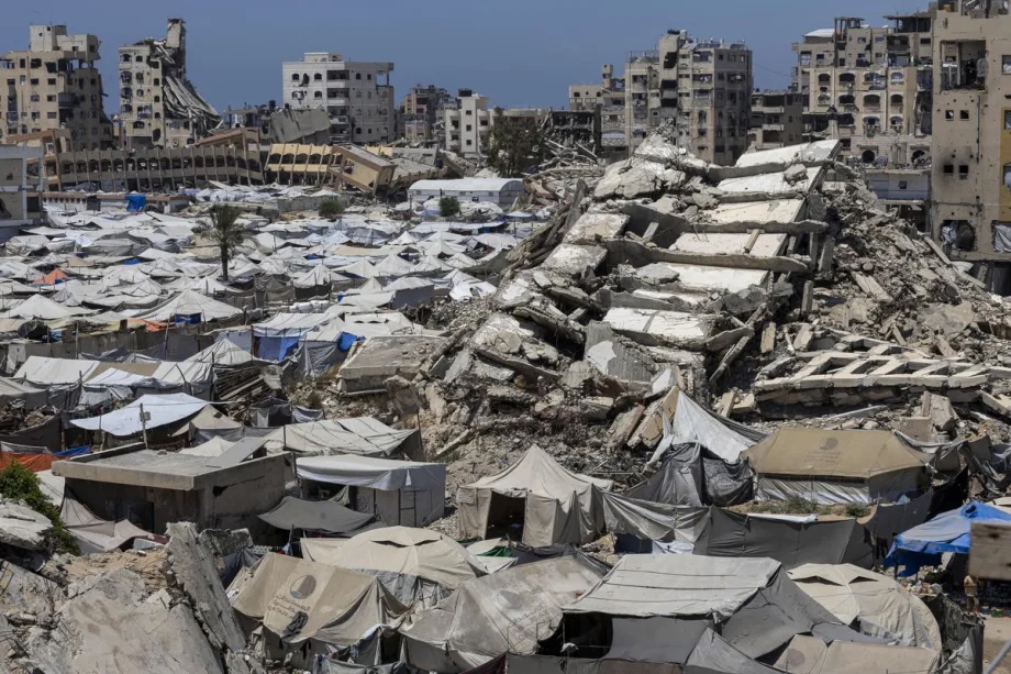 A general view of a tent city, as displaced Palestinians try to pass their daily lives in Gaza City, Gaza, Palestine on July 01, 2026.