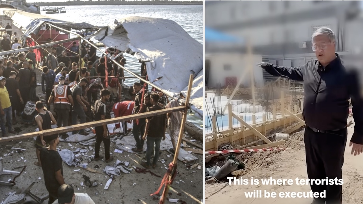 Palestinians gather around destroyed beachfront cafe in Gaza City, Gaza, Palestine on August 18, 2026; National Security MInister Itamar Ben Gvir shows off construction site for execution chamber, meant strictly for Palestinians.