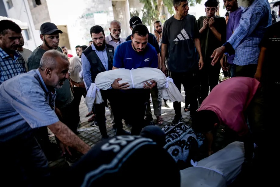 Palestinians attend a funeral ceremony held at Al-Shifa Hospital for Palestinians killed in Israeli attacks Gaza City, on August 2, 2026.