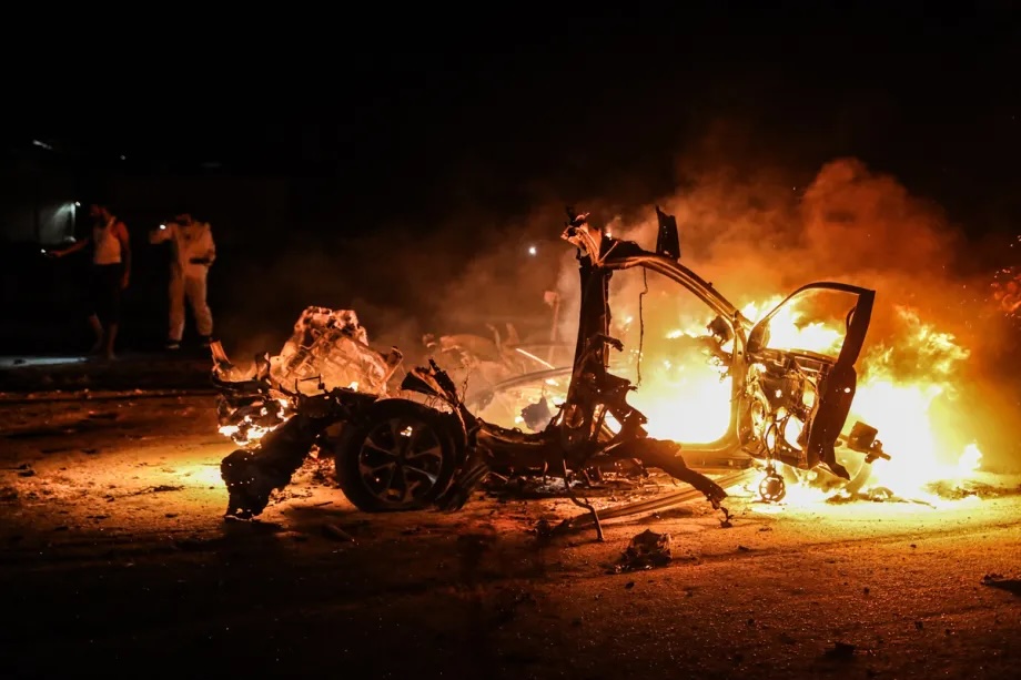A view of a destroyed vehicle following an Israeli airstrike on Rashid Street in Gaza City, Gaza, Palestine on August 3, 2026.