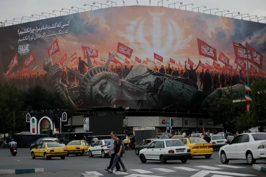 A giant anti-U.S. billboard is displayed at Enghelab (Revolution) Square in Tehran, Iran on August 03, 2026.